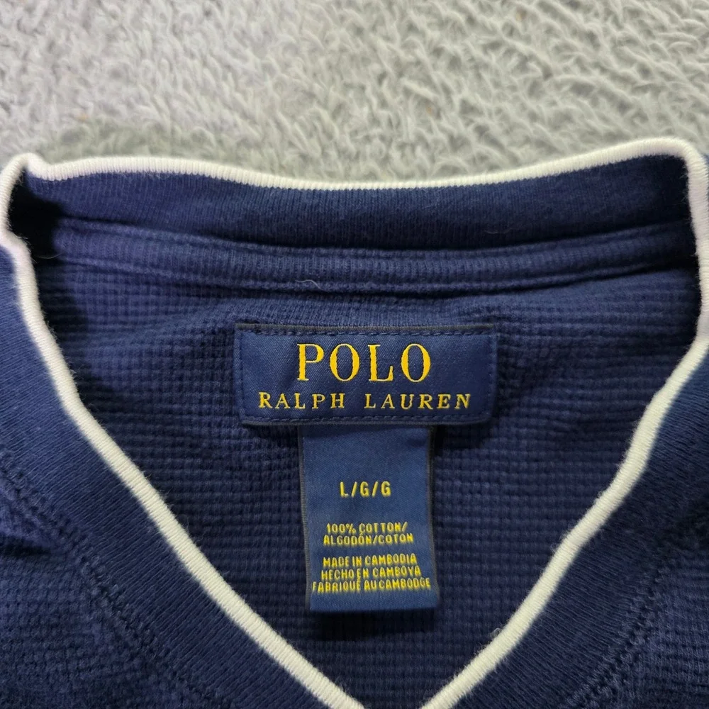 Polo Ralph Lauren Mens L Thermal Shirt Navy Blue Waffle Knit V-Neck Long Sleeve
